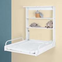 Cambiador plegable de pared ROBA - Colchón impermeable incluido - 2 estantes integrados - Madera lacada en blanco