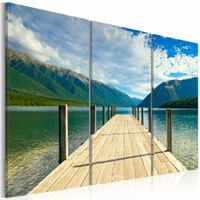 Schilderij - Houten Pier, 3luik , blauw groen , wanddecoratie , premium print op canvas