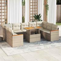 10-delige Loungeset met kussens poly rattan acacia beige