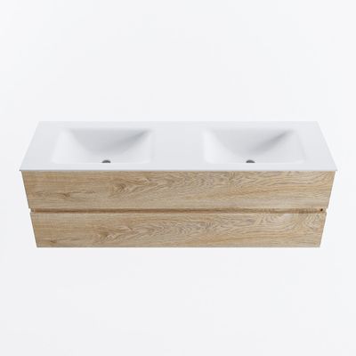 MONDIAZ VICA 150cm badmeubel onderkast Washed Oak 2 lades. Wastafel CLOUD dubbel zonder kraangat, kleur Talc.