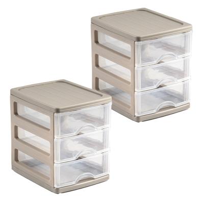 Ladekastje bureau organizer - 2x - 3 lades - beige/transparant - L13 x B17 x H17 cm - kunststof