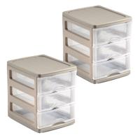 Ladekastje bureau organizer - 2x - 3 lades - beige/transparant - L13 x B17 x H17 cm - kunststof