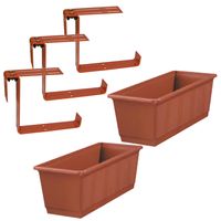 Set van 3 kunststof plantenbakken terracotta rechthoekig 40 cm met 6 verstelbare railingbeugels