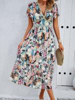 V Neck Casual Floral Dress With No