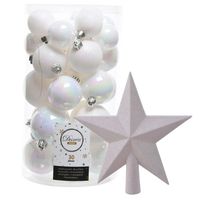 Decoris kerstballen 30x stuks - parelmoer wit 4/5/6 cm kunststof mat/glans/glitter mix en piek