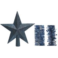 Kerstversiering kunststof glitter ster piek 19 cm en folieslingers pakket donkerblauw van 3x stuks - thumbnail