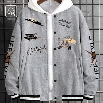 Bon&Bon Men's Cartoon Bear Print Bomber Jacket | Black Casual Coat Light Grey / S