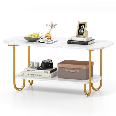 Salontafel met Imitatiemarmeren Blad 2-Laags Theetafel met Opbergplank en Stevig Metalen Frame Moderne Salontafel Multifunctioneel