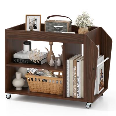 Bijzettafel 3-Laags Boekenkast met Universele Wielen Nachtkastje op Wieltjes Houten Opbergplank voor Kantoor Woonkamer Walnoot