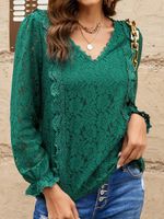 Lace Plain V Neck Casual Shirt