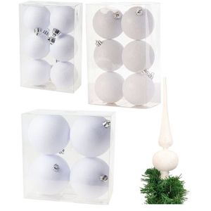 Kerstversiering set glitter kerstballen en piek wit 6 - 8 -10 cm - pakket van 51x stuks