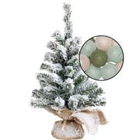 Mini kerstboom besneeuwd met verlichting - in jute zak - H45 cm - kleur mix groen - Kunstkerstboom