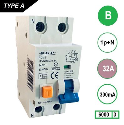 SEP Aardlekautomaat 32A B Kar 300mA 2 polig 36mm RCM2 Kema Keur 230V automaat en aardlek in een