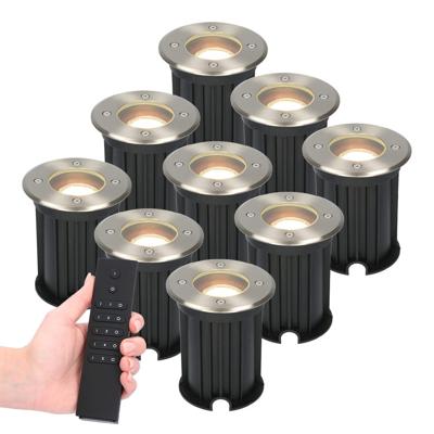 Set van 9 dimbare LED grondspot Maisy - rond - RVS - 4 Watt 345 lumen - 2700K warm wit - IP65 Waterdicht - Incl. dimmer met afstandsbediening