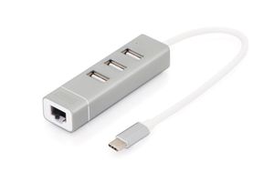 Digitus DA-70253 USB 2.0-hub 3 + 1 poorten Met USB-C stekker, Met aluminium behuizing, Met ingebouwde converter, Met metalen behuizing Aluminium