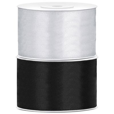 Set van 2 stuks sierlinten/cadeaulinten/satijnen linten zwart en zilver 38 mm x 25 meter