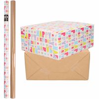 4x Rollen kraft inpakpapier happy birthday pakket - bruin 200 x 70 cm - thumbnail