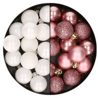 28x stuks stuks kunststof kerstballen wit en velvet roze 3 cm - thumbnail