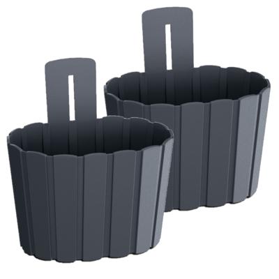 Muur plantenpot/bloempot houtlook - Set van 4x stuks - kunststof - 20 x 15 cm - antraciet