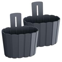Muur plantenpot/bloempot houtlook - Set van 4x stuks - kunststof - 20 x 15 cm - antraciet