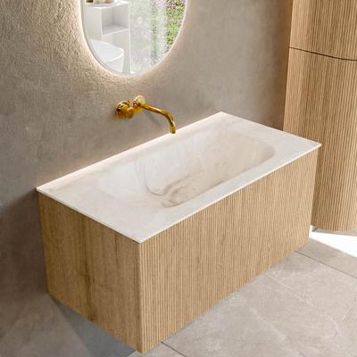 Badmeubel Mondiaz Kurve-Dlux | 90 cm | Meubelkleur Oak | Wastafelkleur Frappe | Solid surface | Midden spoelbak | Zonder kraangat(en)