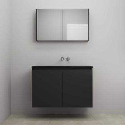 On-Line Badkamermeubelset - 100 cm - Voorgemonteerd - Greeploze Ladestructuur - Acryl Wastafel - zonder Kraangat - Spiegelkast - Mat Zwart