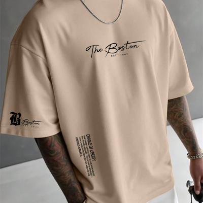 Bon&Bon Men's Letter Print T-Shirt - Casual Apricot Drop Shoulder Tee Apricot / XL