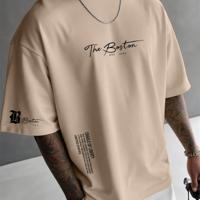 Bon&Bon Men's Letter Print T-Shirt - Casual Apricot Drop Shoulder Tee Apricot / XL