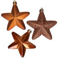 6x stuks kunststof sterren kersthangers bruin 7 cm - Kersthangers
