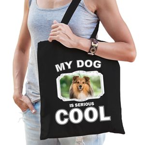 Katoenen tasje my dog is serious cool zwart - Sheltie honden cadeau tas
