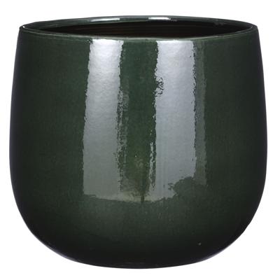 Mica Decorations Plantenpot/bloempot - keramiek - donkergroen glans/spotted- D26/H24 cm