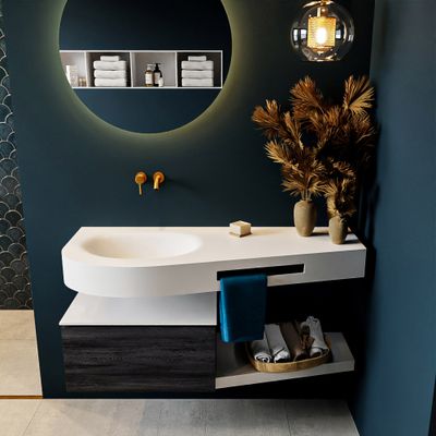 MONDIAZ RIVA 120cm badmeubel onderkast / planchet kleur Antracite met 1 lade. Wastafel DULCET links 0 kraangaten kleur Talc.