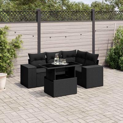 5-delige Loungeset met kussens poly rattan zwart