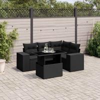 5-delige Loungeset met kussens poly rattan zwart