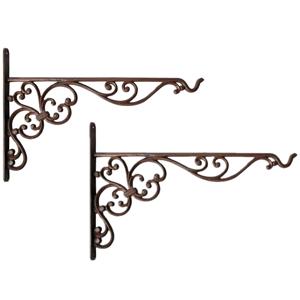 Esschert Design Muurhaak met sierkrullen - 2x stuks - bruin - voor plantenpotten - gietijzer - 35 x