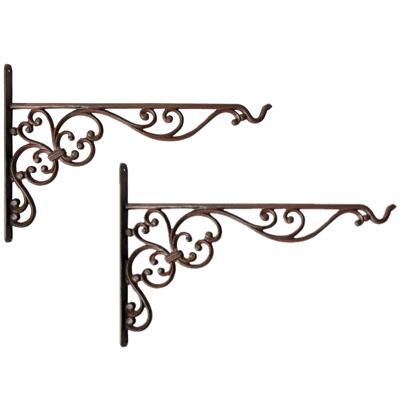 Esschert Design Muurhaak met sierkrullen - 2x stuks - bruin - voor plantenpotten - gietijzer - 35 x