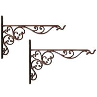 Esschert Design Muurhaak met sierkrullen - 2x stuks - bruin - voor plantenpotten - gietijzer - 35 x