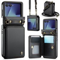 CaseMe Samsung Galaxy Z Flip 7 PU Leren Backcover hoesje met kaarthouder - Zwart