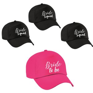 Vrijgezellenfeest dames petjes pakket sierlijk - 1x Bride to Be roze + 9x Bride Squad zwart