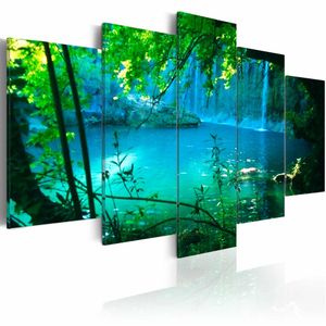 Schilderij - Afzondering in Turquoise - Bos,  5luik , groen blauw , premium print op canvas