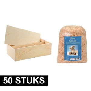50x Houten wijnkist/verpakking met schuifdeksel/2000 gr. houtwol