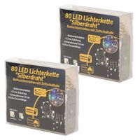 2x Draadverlichting zilver met warm witte LED lampjes 8 meter op batterijen met timer - thumbnail