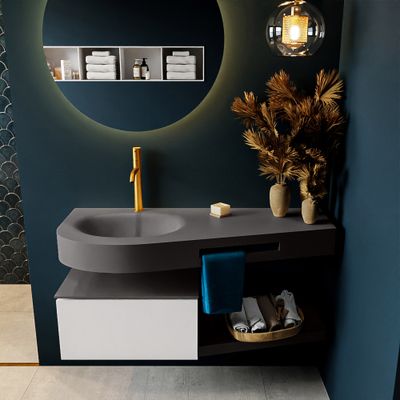 MONDIAZ RIVA 120cm badmeubel onderkast / planchet kleur Talc met 1 lade. Wastafel DULCET links 1 kraangat kleur Dark_Grey. MONDIAZ RIVA 120cm badmeubel onderkast / planchet kleur Talc met 1 lade. Wastafel DULCET links 1 kraangat kleur Dark_Grey.