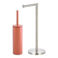 Spirella Badkamer accessoires set - WC-borstel/toiletrollen houder - terracotta/zilver - Badkameraccessoireset