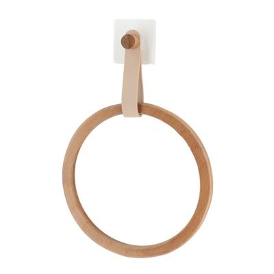 Handdoek/gastendoekjes houder ring - beige - zelfklevend - bamboe/kunstleer - zonder boren