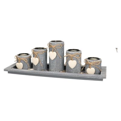 Kaarsenhouders set - home deco - 5x kaarsen en onderbord - hout - grijs - theelichtjes houder Kaarsenhouders set - home deco - 5x kaarsen en onderbord - hout - grijs - theelichtjes houder