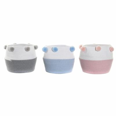 Mand DKD Home Decor Grijs Hemelsblauw Licht Roze Pompons 30 x 30 x 26 cm Hout (3 Stuks) (12 Stuks)