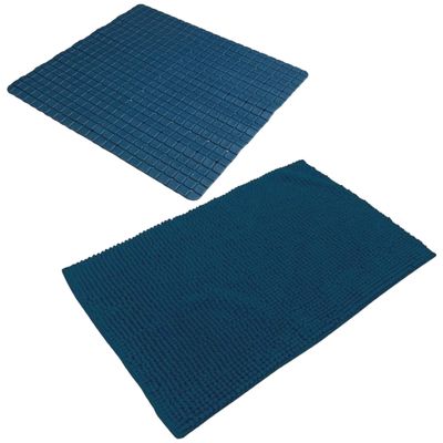 Urban Living Douche anti-slip en droogloop mat/tapijt - badkamer set - rubber/polyester - donkerblau