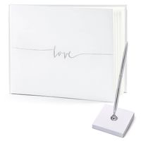 Gastenboek/receptieboek met luxe pen in houder - Bruiloft - wit/zilver - 24 x 18,5 cm - Gastenboeken