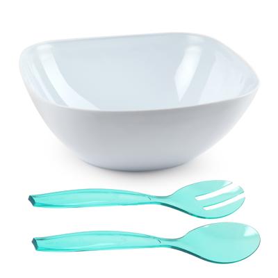 Salade/fruit diepe serveerschaal - wit - kunststof - 28 x 11 cm - met couvert/bestek in het turquois
